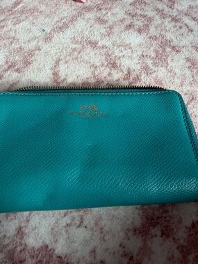 Coach Teal Zip-Around Leather Wallet with Gold Logo